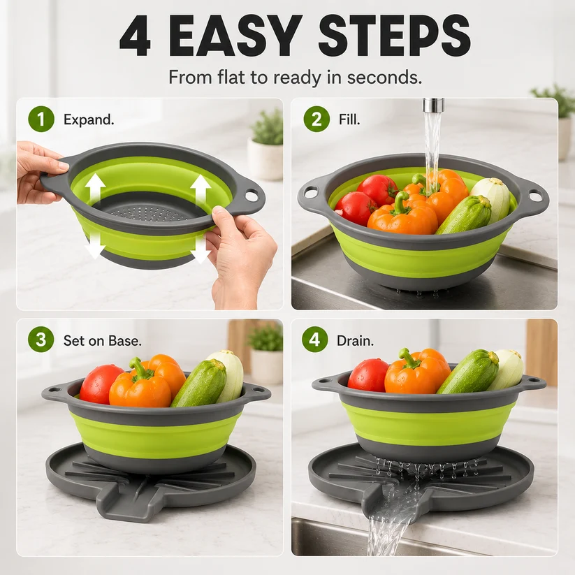 🥗3-Piece CollapsibleColander Set - Fold Flat, SaveSpace & Easily Drain🍜 Pasta,Fruits🍎 & Veggies🥦