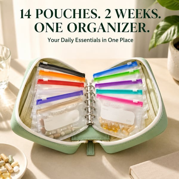 ✨2‑Week Pill Organizer Binder Case 💊 Travel Waterproof Medication Storage Bag
