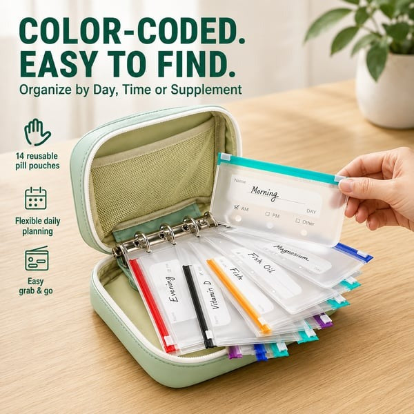✨2‑Week Pill Organizer Binder Case 💊 Travel Waterproof Medication Storage Bag