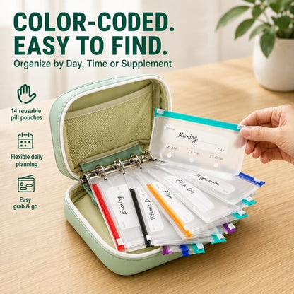 ✨2‑Week Pill Organizer Binder Case 💊 Travel Waterproof Medication Storage Bag