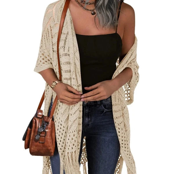 🔥Limited Time 50% Off!😍Women’s Oversized Knit Cardigan – Lightweight Crochet Tassel Kimono for Spring & Summer 🌸