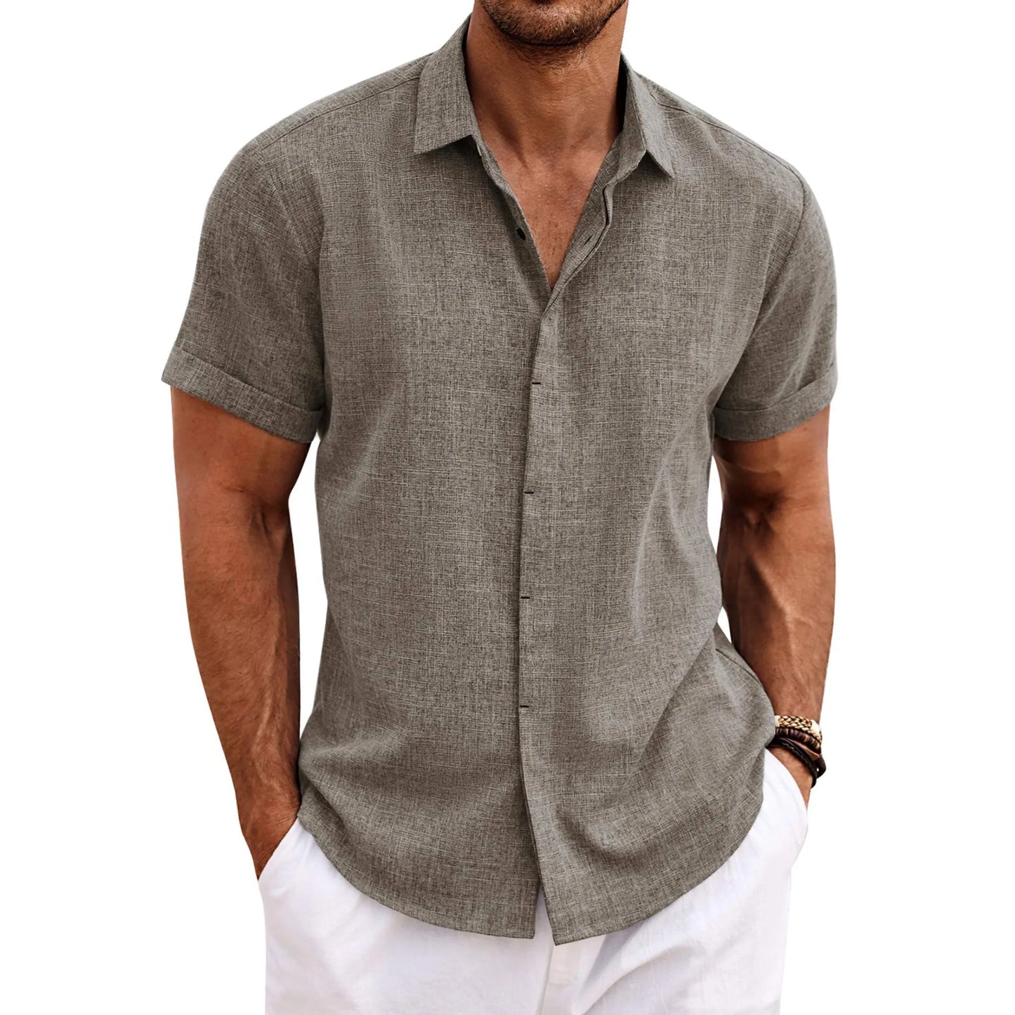 Men's Linen Short Sleeve Button Down Shirt