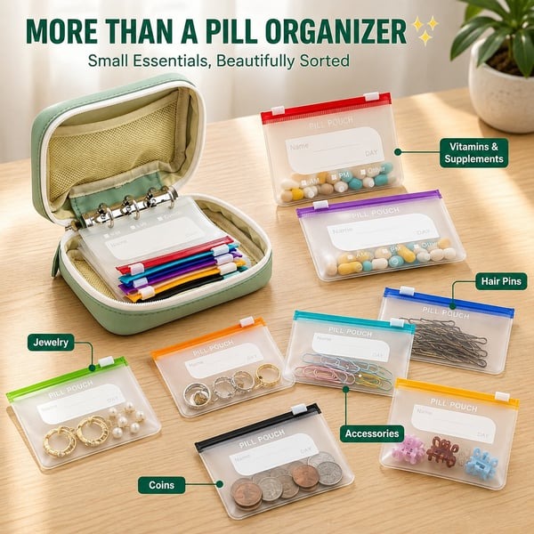 ✨2‑Week Pill Organizer Binder Case 💊 Travel Waterproof Medication Storage Bag