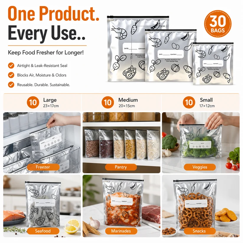 🛡️🥬 Reusable thickened upright aluminum foil sealing storage bags with labelschu'fang