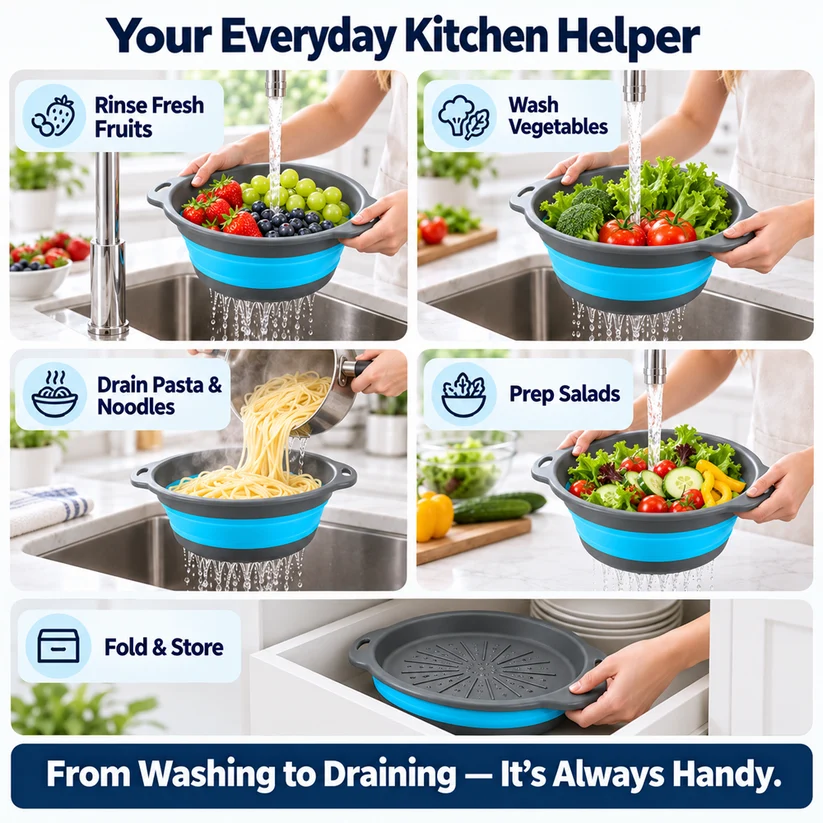 🥗3-Piece CollapsibleColander Set - Fold Flat, SaveSpace & Easily Drain🍜 Pasta,Fruits🍎 & Veggies🥦