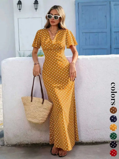 Women's Bohemian V-Neck Short Sleeve Long Dress, Summer Casual Polka Dot Vacation Style, New European and American Fashion Casual Wear