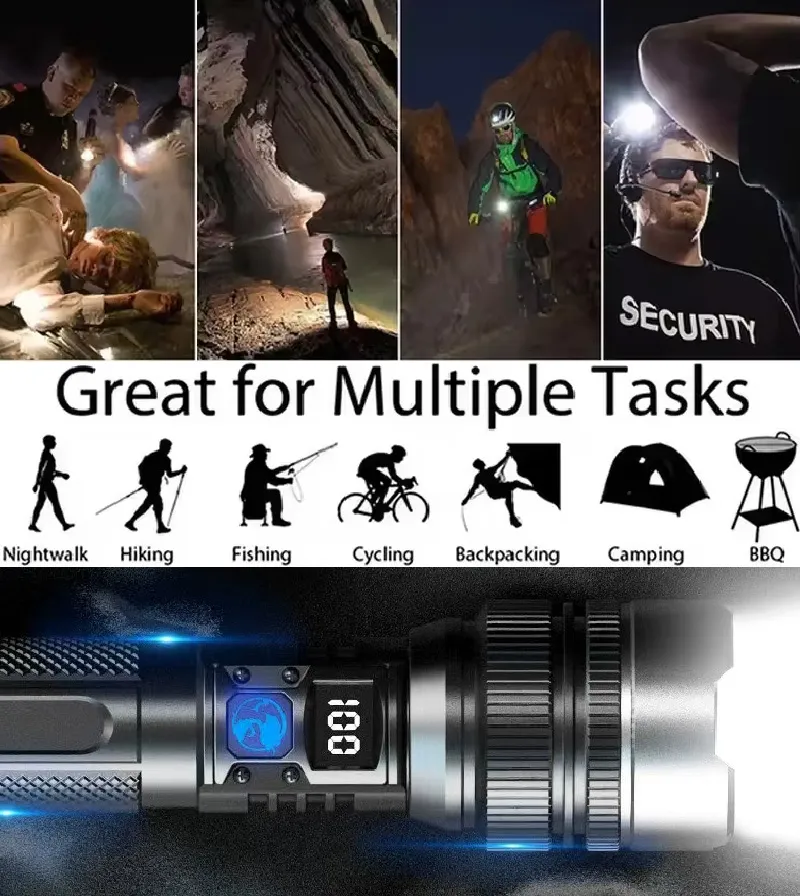 🔦High-Power Rechargeable ZoomFlashlight - 2000LM, Power Bank & DigitalBattery Display