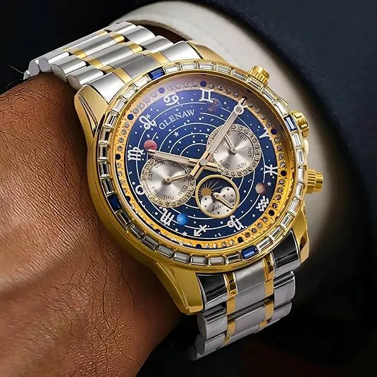 Luxury Automatic Mechanical Watch with 12 Zodiac Dial, Gem-Set Steel Case