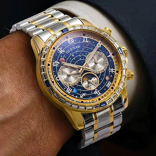 Luxury Automatic Mechanical Watch with 12 Zodiac Dial, Gem-Set Steel Case