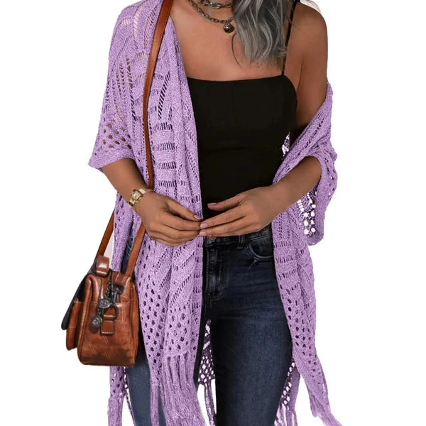 🔥Limited Time 50% Off!😍Women’s Oversized Knit Cardigan – Lightweight Crochet Tassel Kimono for Spring & Summer 🌸