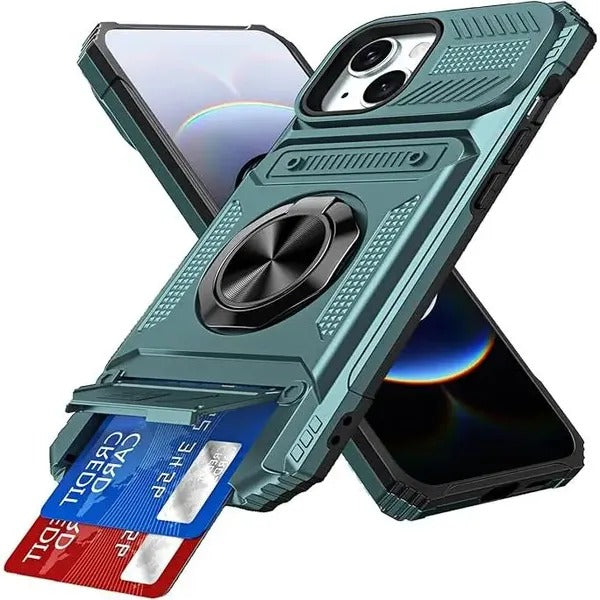 Wallet Case with Card Holder — 360° Ring Stand, Magnetic Car Mount, Heavy Duty Shockproof for iPhone