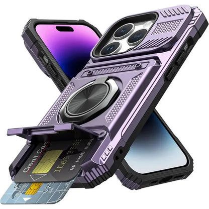 Wallet Case with Card Holder — 360° Ring Stand, Magnetic Car Mount, Heavy Duty Shockproof for iPhone