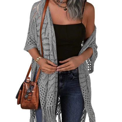 🔥Limited Time 50% Off!😍Women’s Oversized Knit Cardigan – Lightweight Crochet Tassel Kimono for Spring & Summer 🌸