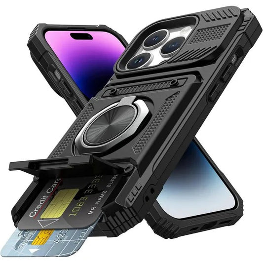 Wallet Case with Card Holder — 360° Ring Stand, Magnetic Car Mount, Heavy Duty Shockproof for iPhone