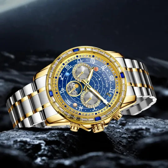Luxury Automatic Mechanical Watch with 12 Zodiac Dial, Gem-Set Steel Case