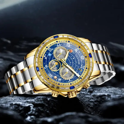 Luxury Automatic Mechanical Watch with 12 Zodiac Dial, Gem-Set Steel Case