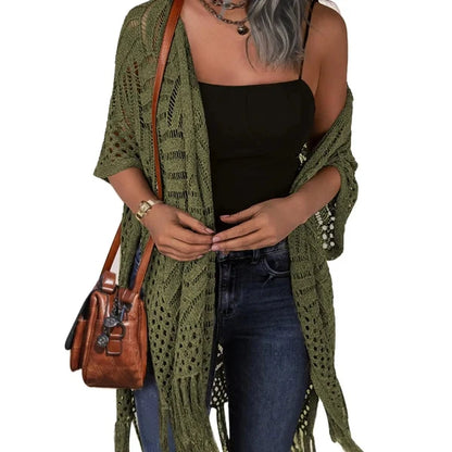 🔥Limited Time 50% Off!😍Women’s Oversized Knit Cardigan – Lightweight Crochet Tassel Kimono for Spring & Summer 🌸
