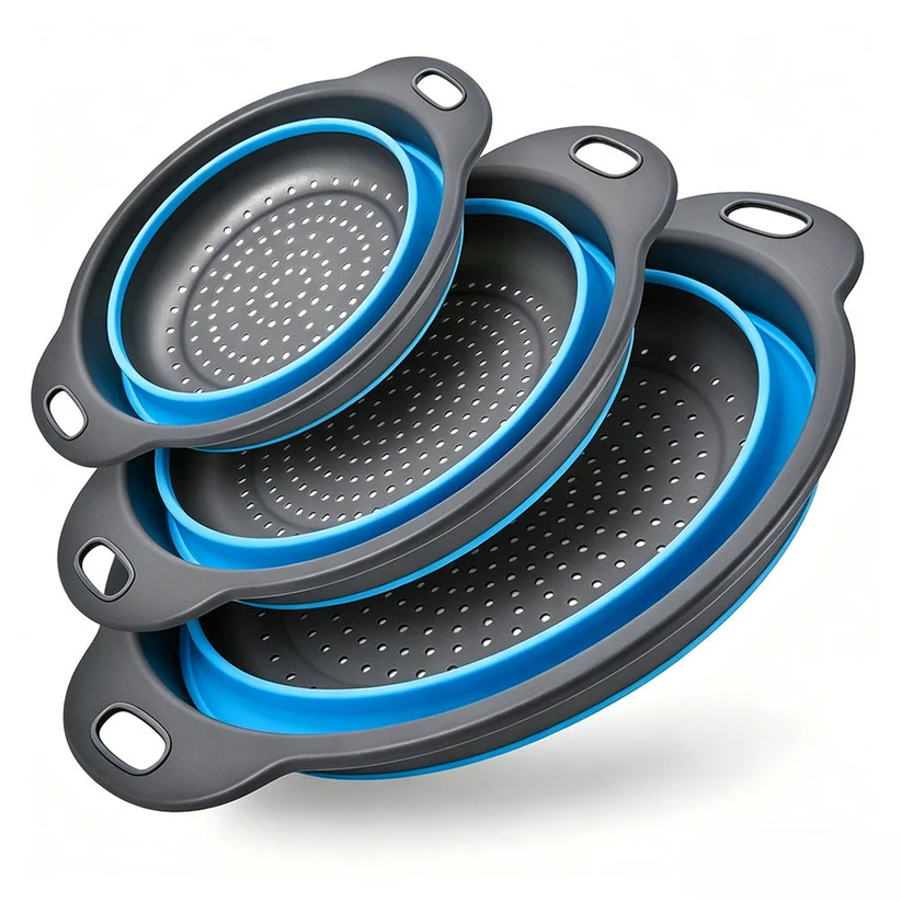 🥗3-Piece CollapsibleColander Set - Fold Flat, SaveSpace & Easily Drain🍜 Pasta,Fruits🍎 & Veggies🥦