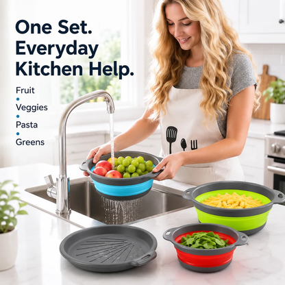 🥗3-Piece CollapsibleColander Set - Fold Flat, SaveSpace & Easily Drain🍜 Pasta,Fruits🍎 & Veggies🥦