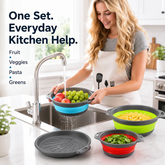 🥗3-Piece CollapsibleColander Set - Fold Flat, SaveSpace & Easily Drain🍜 Pasta,Fruits🍎 & Veggies🥦