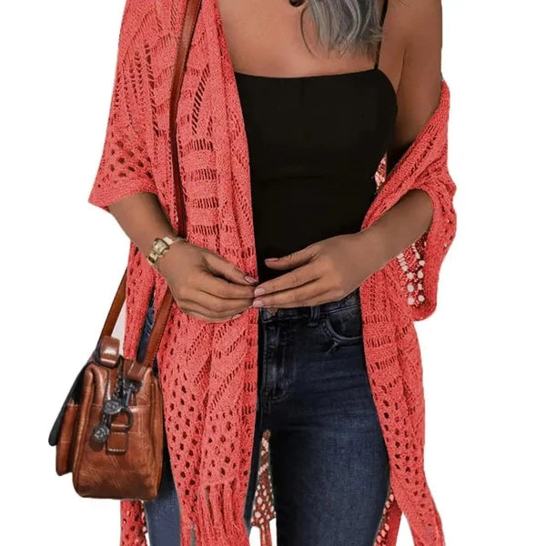 🔥Limited Time 50% Off!😍Women’s Oversized Knit Cardigan – Lightweight Crochet Tassel Kimono for Spring & Summer 🌸