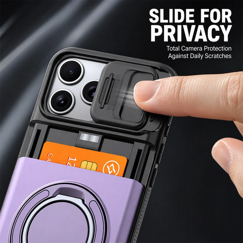 📱 Rugged Phone Case with Card Holder – 🧲 Magnetic Phone Case with Ring Stand for iPhone – Military-Grade Drop Protection, 360° Rotatable Stand & Slide Camera Cover ✨