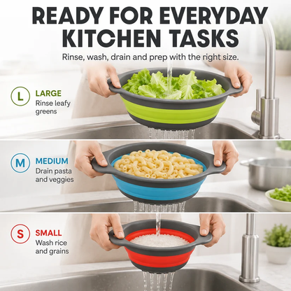 🥗3-Piece CollapsibleColander Set - Fold Flat, SaveSpace & Easily Drain🍜 Pasta,Fruits🍎 & Veggies🥦