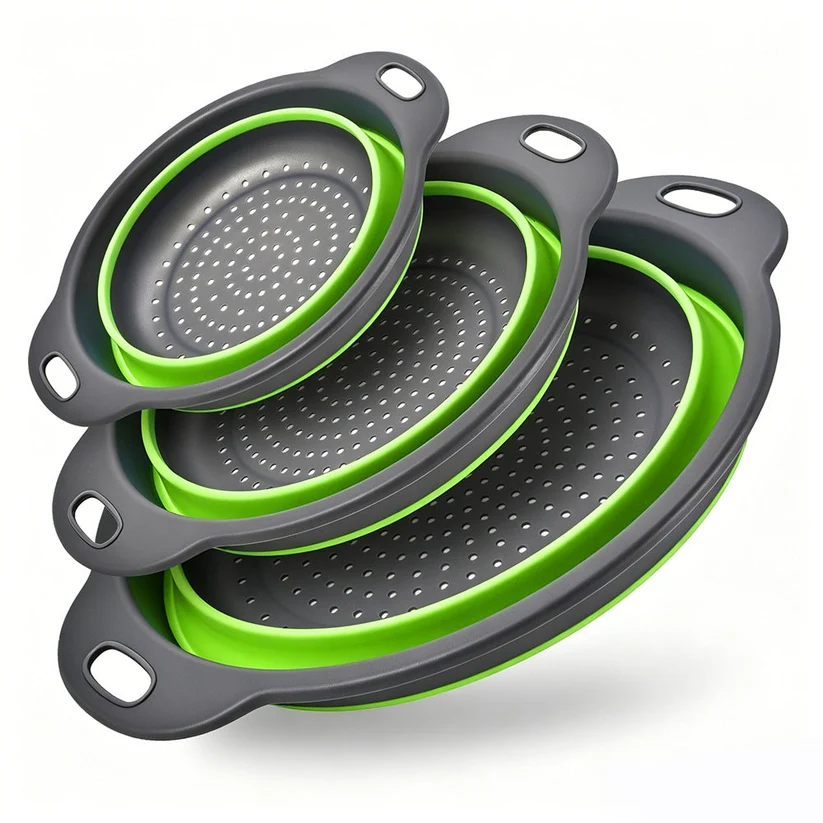 🥗3-Piece CollapsibleColander Set - Fold Flat, SaveSpace & Easily Drain🍜 Pasta,Fruits🍎 & Veggies🥦