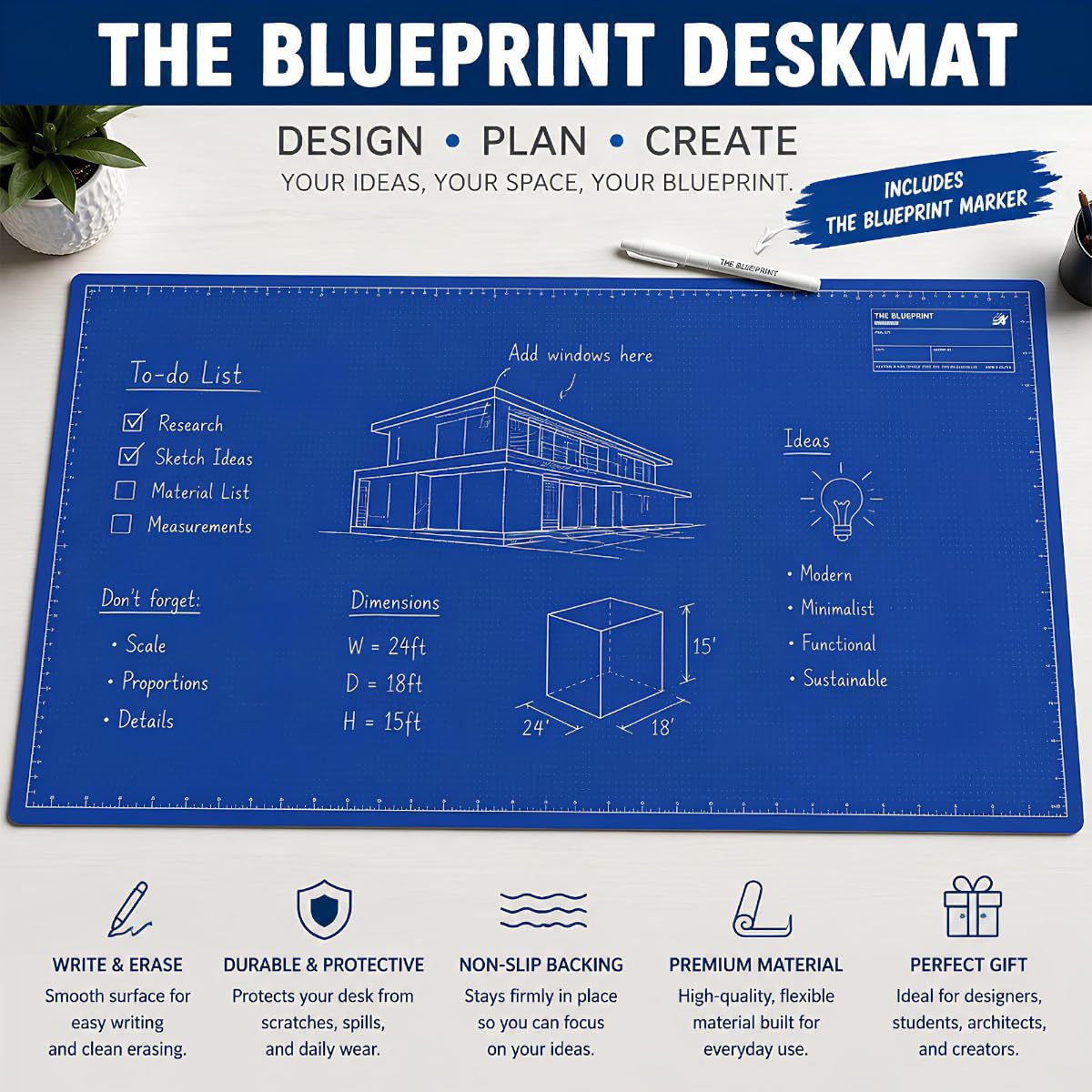 🖊️✨The Blueprint Deskmat Includes the Blueprint Marker💻🖱A Double-Sided Deskmat to Draw, Erase & Redraw As Needed. 📝
