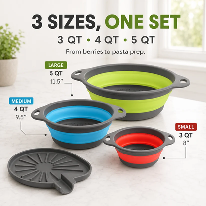 🥗3-Piece CollapsibleColander Set - Fold Flat, SaveSpace & Easily Drain🍜 Pasta,Fruits🍎 & Veggies🥦