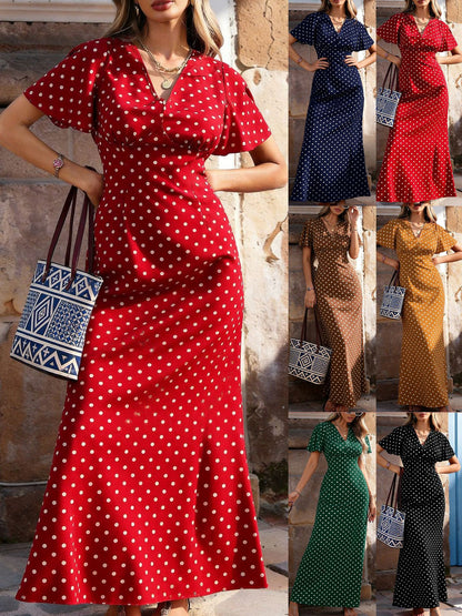Women's Bohemian V-Neck Short Sleeve Long Dress, Summer Casual Polka Dot Vacation Style, New European and American Fashion Casual Wear