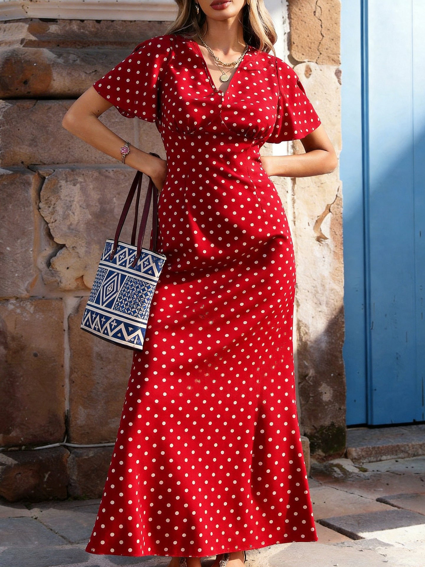 Women's Bohemian V-Neck Short Sleeve Long Dress, Summer Casual Polka Dot Vacation Style, New European and American Fashion Casual Wear