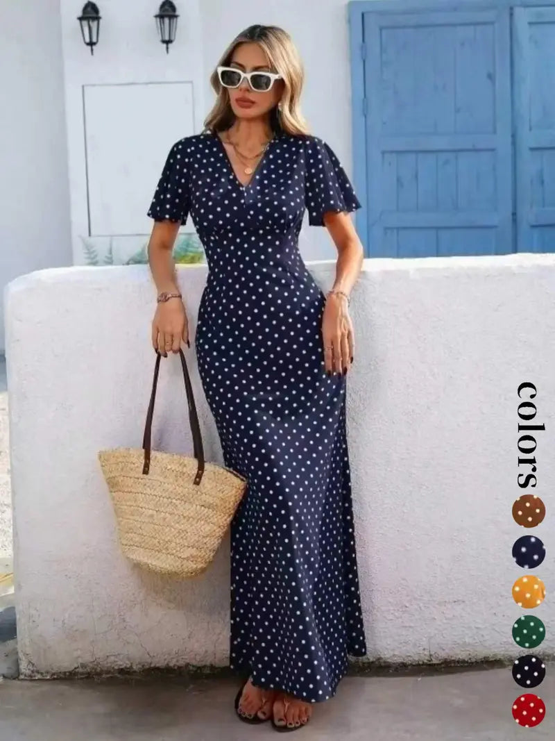 Women's Bohemian V-Neck Short Sleeve Long Dress, Summer Casual Polka Dot Vacation Style, New European and American Fashion Casual Wear
