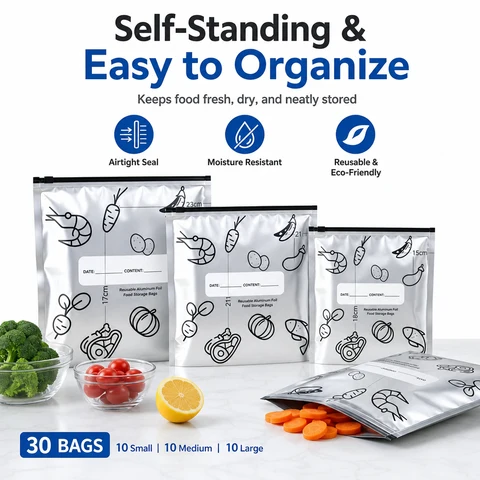 🛡️🥬 Reusable thickened upright aluminum foil sealing storage bags with labelschu'fang
