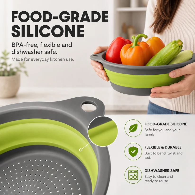 🥗3-Piece CollapsibleColander Set - Fold Flat, SaveSpace & Easily Drain🍜 Pasta,Fruits🍎 & Veggies🥦
