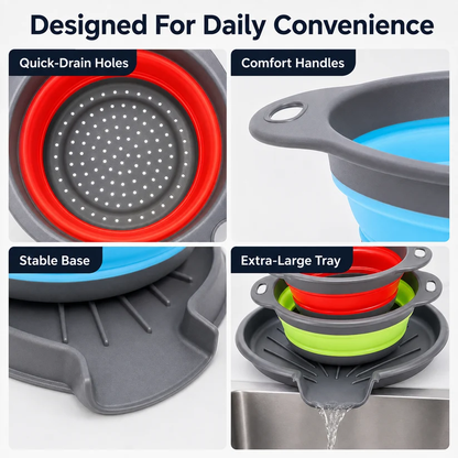 🥗3-Piece CollapsibleColander Set - Fold Flat, SaveSpace & Easily Drain🍜 Pasta,Fruits🍎 & Veggies🥦