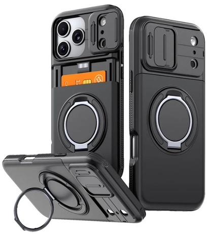 📱 Rugged Phone Case with Card Holder – 🧲 Magnetic Phone Case with Ring Stand for iPhone – Military-Grade Drop Protection, 360° Rotatable Stand & Slide Camera Cover ✨