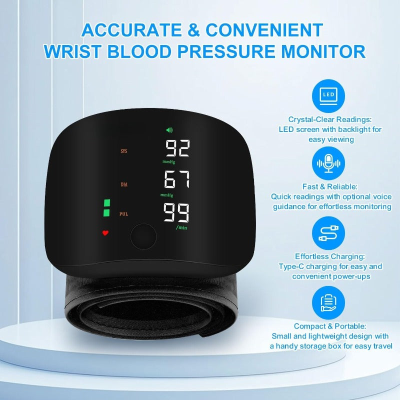 USB-C Rechargeable Wrist Blood Pressure Monitor Convenient & Modern Power