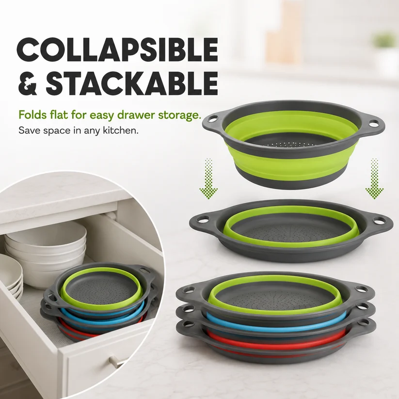 🥗3-Piece CollapsibleColander Set - Fold Flat, SaveSpace & Easily Drain🍜 Pasta,Fruits🍎 & Veggies🥦