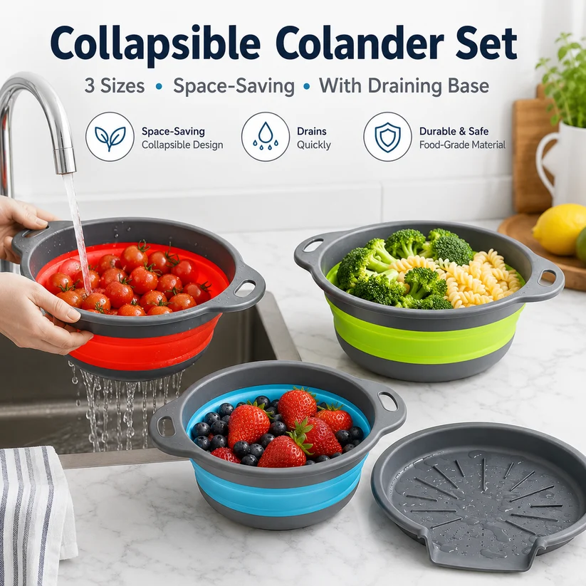 🥗3-Piece CollapsibleColander Set - Fold Flat, SaveSpace & Easily Drain🍜 Pasta,Fruits🍎 & Veggies🥦