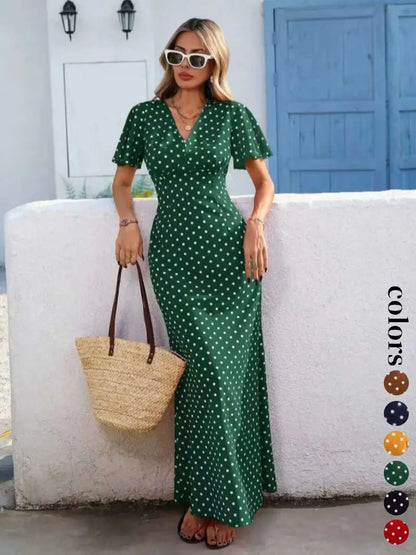 Women's Bohemian V-Neck Short Sleeve Long Dress, Summer Casual Polka Dot Vacation Style, New European and American Fashion Casual Wear