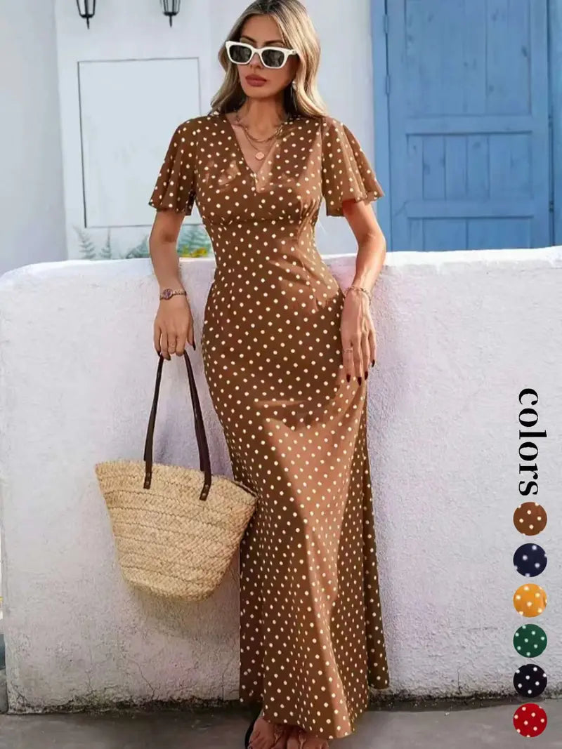 Women's Bohemian V-Neck Short Sleeve Long Dress, Summer Casual Polka Dot Vacation Style, New European and American Fashion Casual Wear