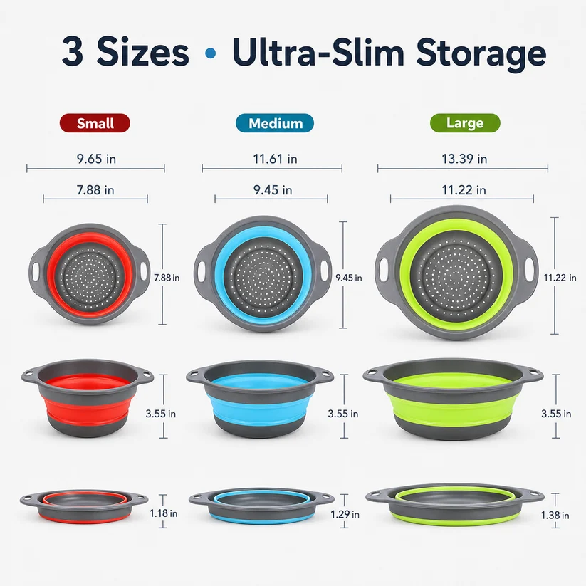 🥗3-Piece CollapsibleColander Set - Fold Flat, SaveSpace & Easily Drain🍜 Pasta,Fruits🍎 & Veggies🥦