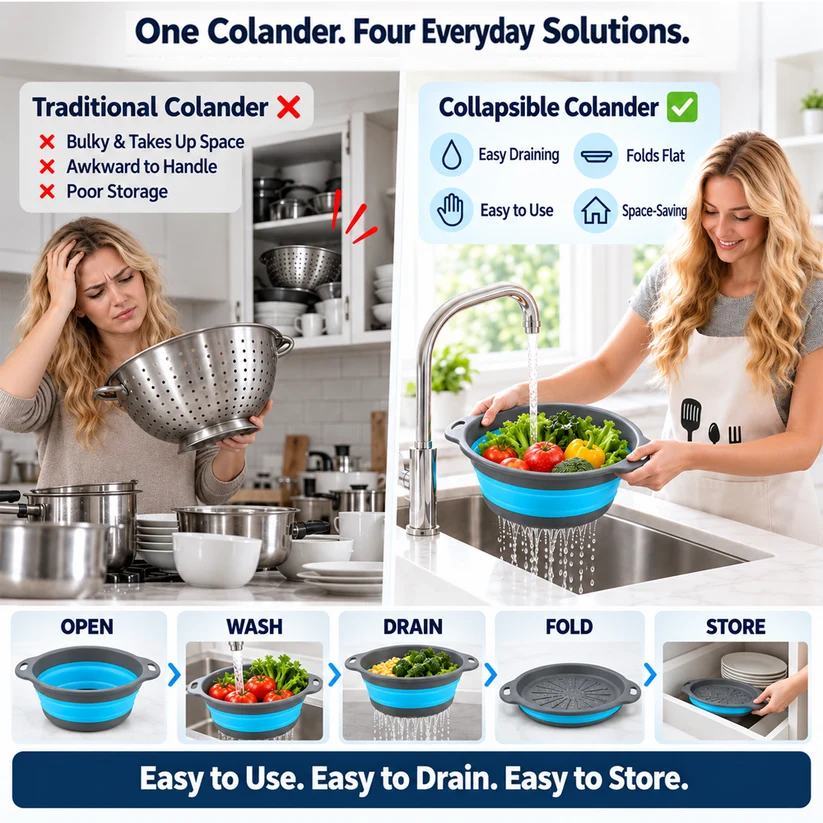 🥗3-Piece CollapsibleColander Set - Fold Flat, SaveSpace & Easily Drain🍜 Pasta,Fruits🍎 & Veggies🥦