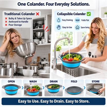 🥗3-Piece CollapsibleColander Set - Fold Flat, SaveSpace & Easily Drain🍜 Pasta,Fruits🍎 & Veggies🥦