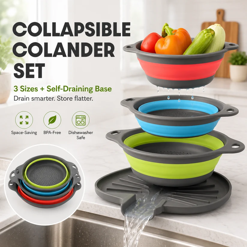 🥗3-Piece CollapsibleColander Set - Fold Flat, SaveSpace & Easily Drain🍜 Pasta,Fruits🍎 & Veggies🥦