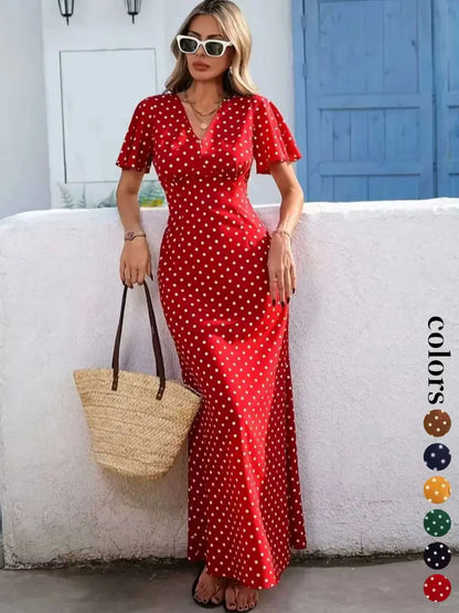 Women's Bohemian V-Neck Short Sleeve Long Dress, Summer Casual Polka Dot Vacation Style, New European and American Fashion Casual Wear
