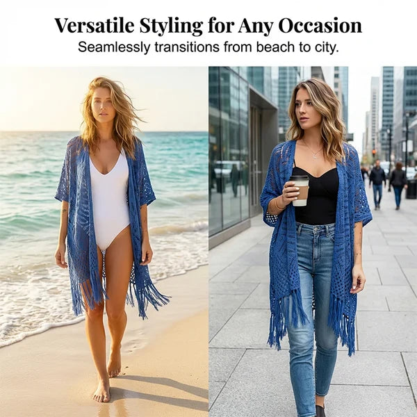 🔥Limited Time 50% Off!😍Women’s Oversized Knit Cardigan – Lightweight Crochet Tassel Kimono for Spring & Summer 🌸
